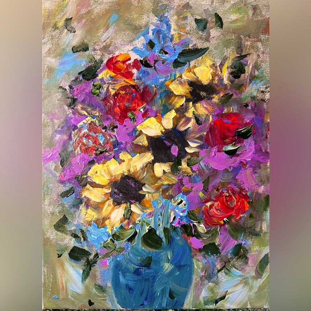 ORIGINAL ACRYLIC TEXTURED FLORAL PAINTING SIZE 16 H x 12 W inch